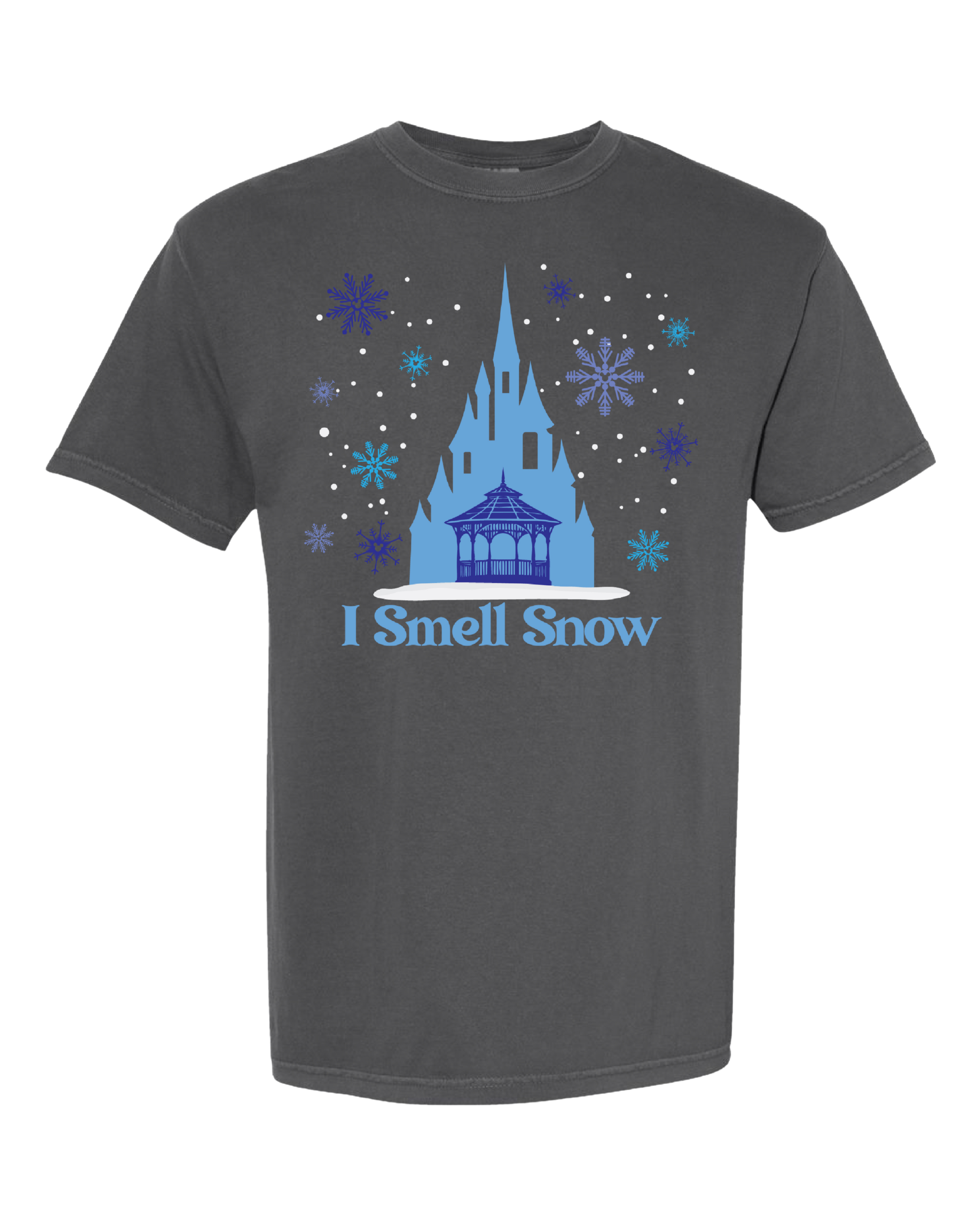 Gray t-shirt with blue castle, snowflakes, and 'I Smell Snow' winter graphic